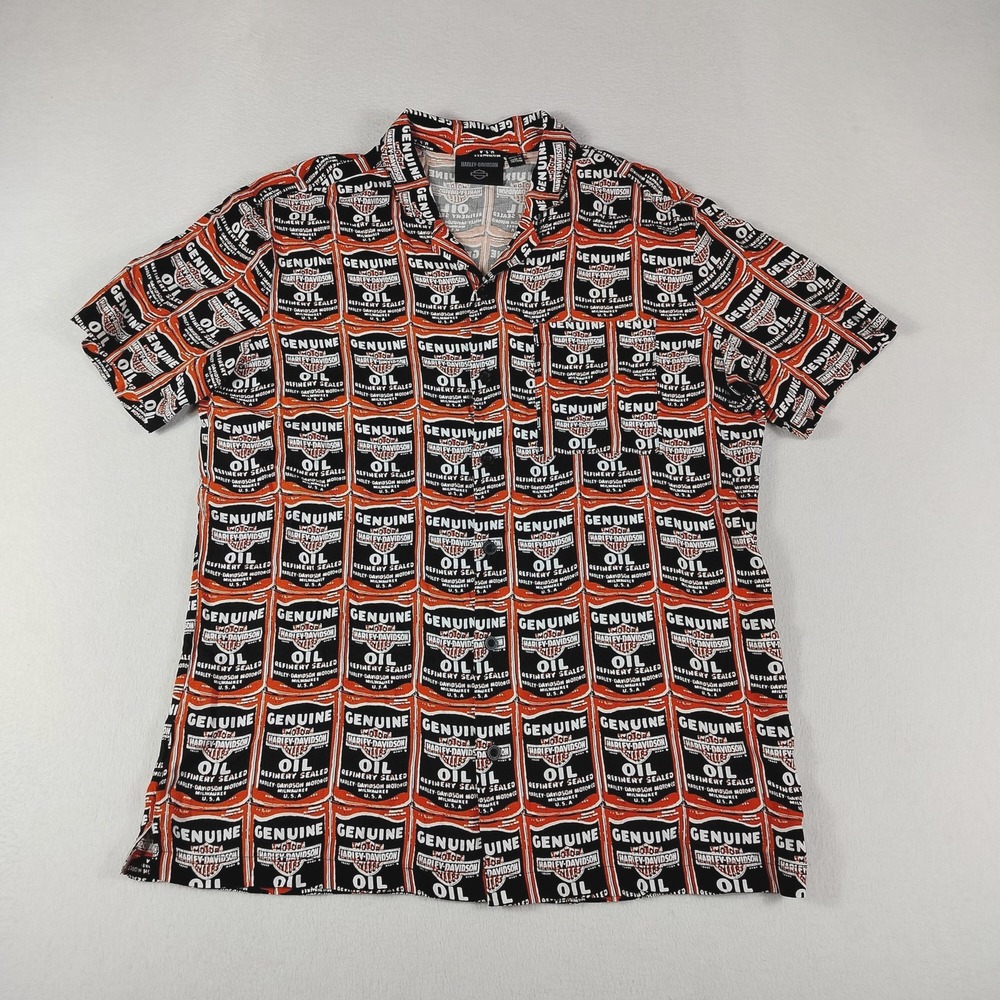 Harley-Davidson Shirt Mens Large Black Orange Button Up Rayon Oil Can Graphic